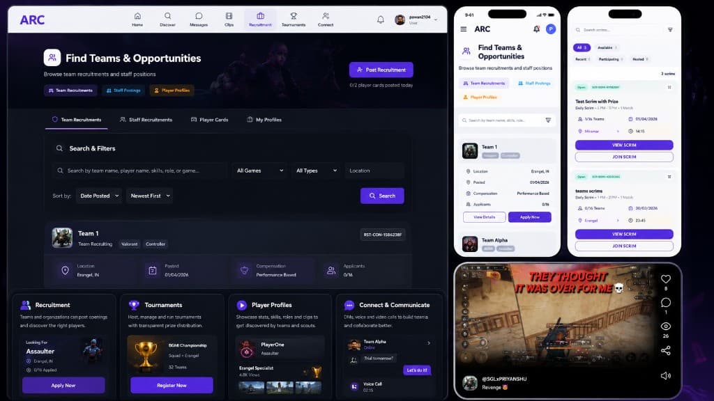 ARC platform, the recruitment dashboard with team and staff postings, mobile recruitment and scrim listings, a short-form gameplay clip feed, and feature cards for tournaments, profiles and communication.