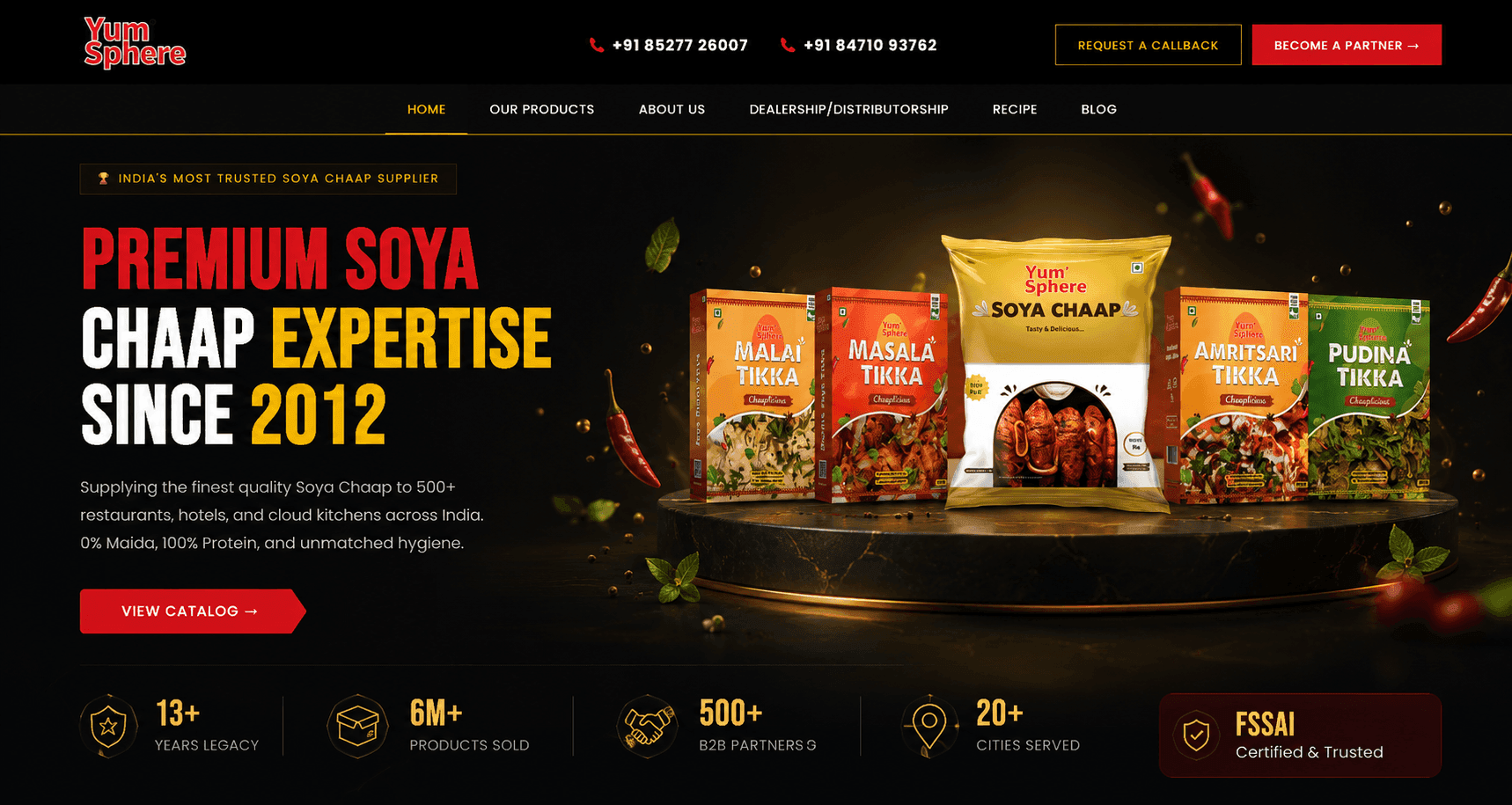 YumSphere storefront, the home page for a B2B soya chaap supplier, with the product range, contact options and a request-a-callback call to action.